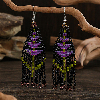 Bohemian Style Floral Glass Bead Tassel Dangle Earrings for Women, Platinum, Purple, 85x23mm