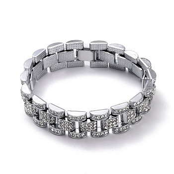 Men's Crystal Rhinestone Solid Link Chain Bracelet, Hip Hop Alloy Glass Rhinestone Chain Bracelet, Platinum, 8-3/4 inch(22.3cm)