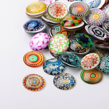 Mosaic Printed Glass Half Round/Dome Cabochons, Mixed Color, 18x5mm