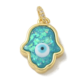 Rack Plating Brass Pendants, with Resin Imitation Opal & Glitter, Long-Lasting Plated, Lead Free & Cadmium Free,Hamsa Hand with Evil Eye, Cyan, 19.5x14.5x5mm, Hole: 3mm