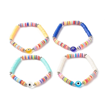 Handmade Polymer Clay Heishi Beads Stretch Bracelet, Flat Round with Evil Eye Lampwork Beads Lucky Bracelet for Women, Mixed Color, Inner Diameter: 2-1/4 inch(5.7cm)