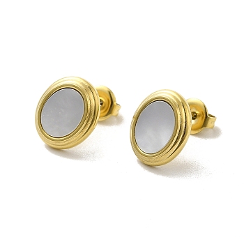 Ion Plating(IP) 304 Stainless Steel Oval Stud Earrings, with Shell, Real 14K Gold Plated, 13x11mm