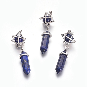 Natural Lapis Lazuli Pendants, Pointed Pendants, with Platinum Tone Brass Findings, Star & Bullet, Dyed, 72mm, Hole: 7x5mm