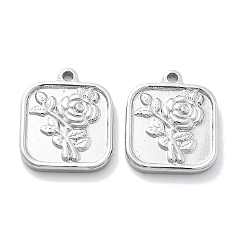 Anti-Tarnish 304 Stainless Steel Pendants, Square with Flower Charm, Stainless Steel Color, 17.5x15x2.5mm, Hole: 1.6mm