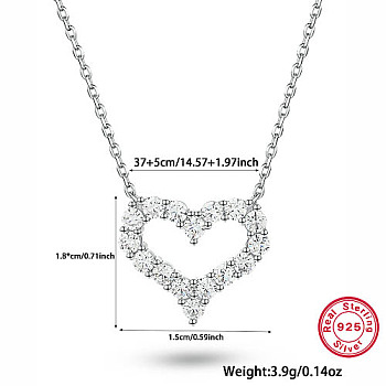 925 Sterling Silver Heart Shape Pendant Necklaces for Women, with Clear Cubic Zirconia, Platinum, 14-5/8 inch(37cm)