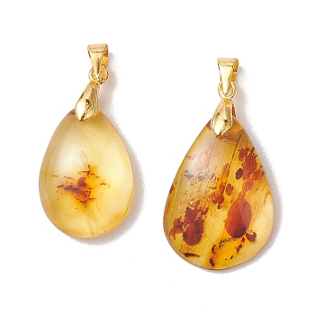 Natural Amber Pendants, Teardrop Charms with Brass Bails, Goldenrod, Golden, 20~29x14.5~16.5x5~6.5mm, Hole: 3.5x4.6mm