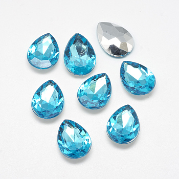 Acrylic Rhinestone Pointed Back Cabochons, Faceted, Bottom Silver Plated, teardrop, Cyan, 18x13x4.5~4.8mm