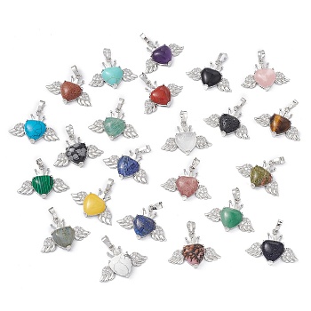 Natural & Synthetic Mixed Gemstone Pendants, Heart Charms with Wings & Crown, with Platinum Tone Brass Crystal Rhinestone Findings, 26x35.5x8mm, Hole: 8x5mm