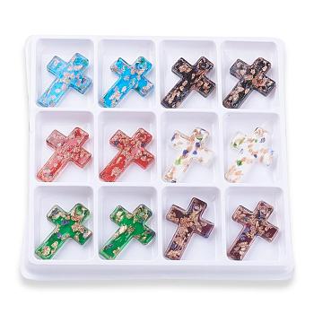 Handmade Gold Sand Lampwork Pendants, Cross, Mixed Color, 50x35x5mm, Hole: 4mm, 12pcs/box