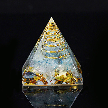 Orgonite Pyramid Resin Display Decorations, with Brass Findings, Gold Foil and Natural Aquamarine Chips Inside, for Home Office Desk, 30mm
