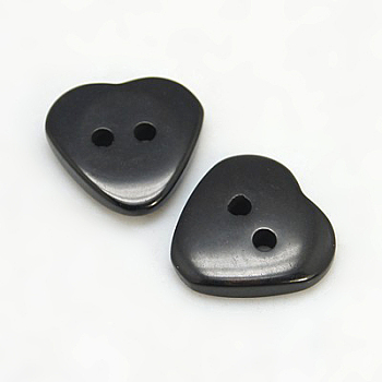 Resin Buttons, Dyed, Heart, Black, 15x15x3mm, Hole: 2mm