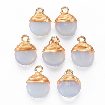 Opalite Pendants, with Golden Brass Findings and Iron Loop, Flat Round, 14x10.5x5.5mm, Hole: 1.8mm