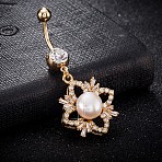 Brass Cubic Zirconia and Pearl Navel Ring, Belly Rings, with 304 Stainless Steel Bar, Cadmium Free & Lead Free, Real 18K Gold Plated, Rhombus, White, 50x22mm, Bar: 15 Gauge(1.5mm), Bar Length: 3/8"(10mm)(AJEW-EE0004-05)