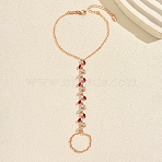 Elegant Brass Pave Clear and Red Cubic Zirconia Leaf Slave Bracelets, Ring Connected Hand Harness Bracelets for Women, Golden, 7.09 inch(18cm)(YE0972)