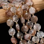Natural Black Gold Rutilated Quartz Beads Strands, Faceted Hexagonal Cut Coin Beads, Flat Round, with Seed Beads, 10~11x5mm, Hole: 1.2mm, about 31~32pcs/strand, 15.35~15.55''(39~39.5cm)(G-C116-A182-01)