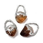 Heated Raw Rough Natural Yellow Quartz & Brass Pendants, Nuggets Charms, Platinum, 38.5x22.5x17.5mm, Hole: 15.5x16mm(G-G466-01P)