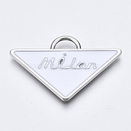 Alloy Enamel Pendants, Triangle with Word Milan, Cadmium Free & Lead Free, Platinum, White, 23.5x36x2mm, Hole: 3.5x6mm(PALLOY-T067-204P-2-RS)
