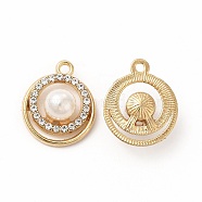 Alloy Rhinestone Pendants, with ABS Plastic Pearl Beaded, Flat Round Charms, Golden, 21.5x12.5x8.5mm, Hole: 2mm(PALLOY-I217-21G)