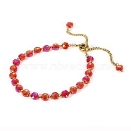 Golden 304 Stainless Steel Chain Slider Bracelets, Glass Beads Jewelry for Women, Red(RT4821-3)