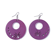Wood Dangle Earrings, with Platinum Tone Iron Earring Hooks, Flat Round with Spider, Purple, 71mm, Pin: 0.6mm, Pendant: 49.5~50x5~5.5mm(X-EJEW-L219-A03)