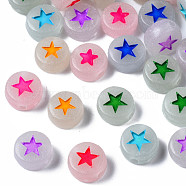 Luminous Gainsboro Acrylic Beads, Glow in the Dark, Horizontal Hole, Flat Round with Star, Mixed Color, 7x3.5mm, Hole: 1.2mm, about 3600pcs/500g(MACR-S273-63)