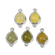 Natural Korean Jade Faceted Connector Charms, Rack Plating Brass Teardrop Links, Platinum, 16.5x9.5x4mm, Hole: 1.4mm(G-L514-048G-06)