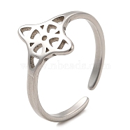 304 Stainless Steel Cuff Ring, Hollow Out Flower Open Ring for Women, Stainless Steel Color, US Size 7 1/4(17.5mm)(RJEW-F136-03P)