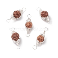 Natural Rudraksha Copper Wire Wrapped Connector Charms, Oval Links, Undyed, Platinum, 25~35x10~11.5x9.5~10mm, Hole: 4mm(PALLOY-JF02067-02)