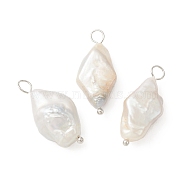 Natural Baroque Pearl Keshi Pearl Pendants, Rhombus Charms, with Brass Loops, Platinum, 23.5~24x10~12x5.5~7mm, Hole: 3mm(PALLOY-JF02132)