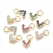 Brass Micro Pave Cubic Zirconia Charms, with Jump Ring, Long-Lasting Plated, Real 18K Gold Plated, Heart, Mixed Color, 6x8x2mm, Hole: 3mm(ZIRC-F111-08G)