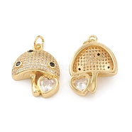 Eco-Friendly Brass Micro Pave Cubic Zirconia Pendants, with Jump Ring, Lead Free & Cadmium Free, Long-Lasting Plated, Mushroom with Heart Charm, Real 18K Gold Plated, 22x17x6mm, Hole: 3.5mm(KK-I698-10G)