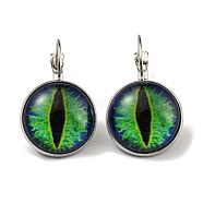 Dragon Eye Glass Leverback Earrings with Brass Earring Pins, Lime Green, 29mm(EJEW-Q798-01R)