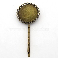 Iron Hair Bobby Pin Findings, with Brass Round Trays, Antique Bronze, Tray Diameter: 25mm, 68~70x25mm(X-PHAR-Q040-AB)