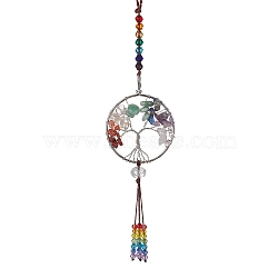 7 Chakra Gemstone Chip Pendant Decoration, Tree of Life Ornament with Tassel Glass Beads, 255mm, Pendant: 180x51x12.5mm(HJEW-JM01440)