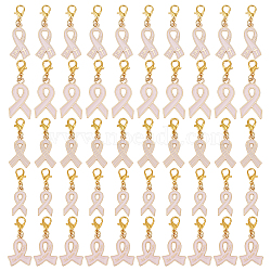 80Pcs 5 Styles Alloy Enamel Pendant Decoration, with Alloy Lobster Claw Clasps, Awareness Ribbon, Pink, 40mm, 16pcs/style(HJEW-GO00235)