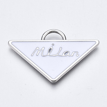 Alloy Enamel Pendants, Triangle with Word Milan, Cadmium Free & Lead Free, Platinum, White, 23.5x36x2mm, Hole: 3.5x6mm