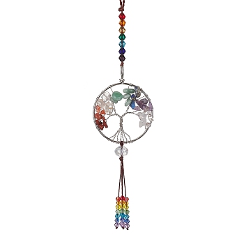 7 Chakra Gemstone Chip Pendant Decoration, Tree of Life Ornament with Tassel Glass Beads, 255mm, Pendant: 180x51x12.5mm
