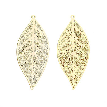 Brass Big Pendants, Real 18K Gold Plated, Leaf, Cadmium Free & Nickel Free & Lead Free, Real 18K Gold Plated, 50x20x0.2mm, Hole: 1.2mm