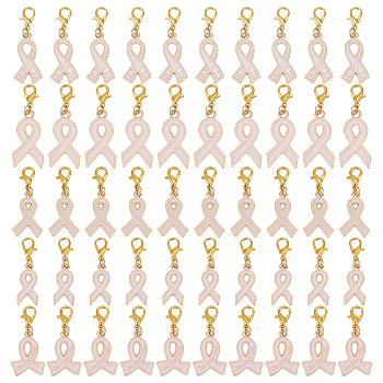 80Pcs 5 Styles Alloy Enamel Pendant Decoration, with Alloy Lobster Claw Clasps, Awareness Ribbon, Pink, 40mm, 16pcs/style