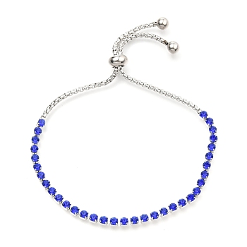 Adjustable 304 Stainless Steel Rhinestone Strass Chains Slider Bracelets, Bolo Bracelets, with Box Chains, Stainless Steel Color, Sapphire, 1/8 inch(0.3cm), Inner Diameter: 1-1/2 inch(3.8cm)