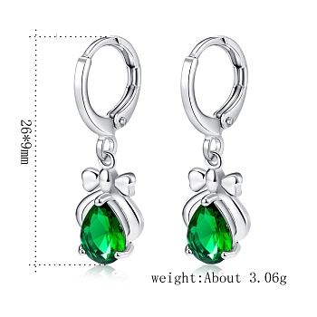 Platinum Tone Stainless Steel Dangle Earrings, with Cubic Zirconia, Green, 26x9mm