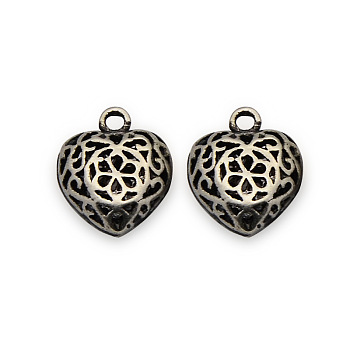 Brass Pendants, Hollow Heart Charms, Nickel Free, Antique Silver, 13x11x5mm, Hole: 2mm