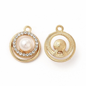 Alloy Rhinestone Pendants, with ABS Plastic Pearl Beaded, Flat Round Charms, Golden, 21.5x12.5x8.5mm, Hole: 2mm