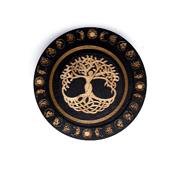 Flat Round Wood Bracelet Display Trays, Holds up to one Bracelet, for Home decoration, Black, Tree Pattern, 9.5cm