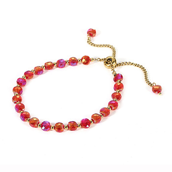 Golden 304 Stainless Steel Chain Slider Bracelets, Glass Beads Jewelry for Women, Red