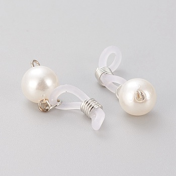 Silicone EyeGlass Holders, with Brass Findings & ABS Plastic Imitation Pearl Beads, Platinum, 33mm