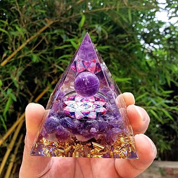 Orgonite Pyramid Resin Energy Generators, Reiki Natural Amethyst Chips Inside for Home Office Desk Decoration, 60x60x60mm