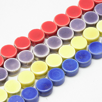 Handmade Porcelain Beads, Bright Glazed Porcelain, Flat Round, Mixed Color, 15~16x9~10mm, Hole: 3mm