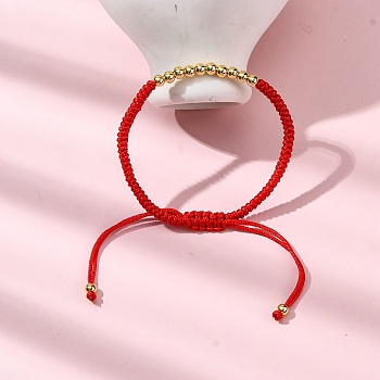 Polyester Cord Braided Bead Bracelets for Women, with Brass Beads, Long-Lasting Plated, Red, Inner Diameter: 1-7/8~3-1/4 inch(4.9~8.1cm)