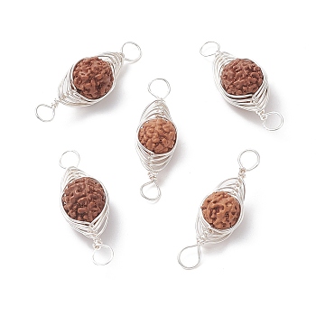 Natural Rudraksha Copper Wire Wrapped Connector Charms, Oval Links, Undyed, Platinum, 25~35x10~11.5x9.5~10mm, Hole: 4mm